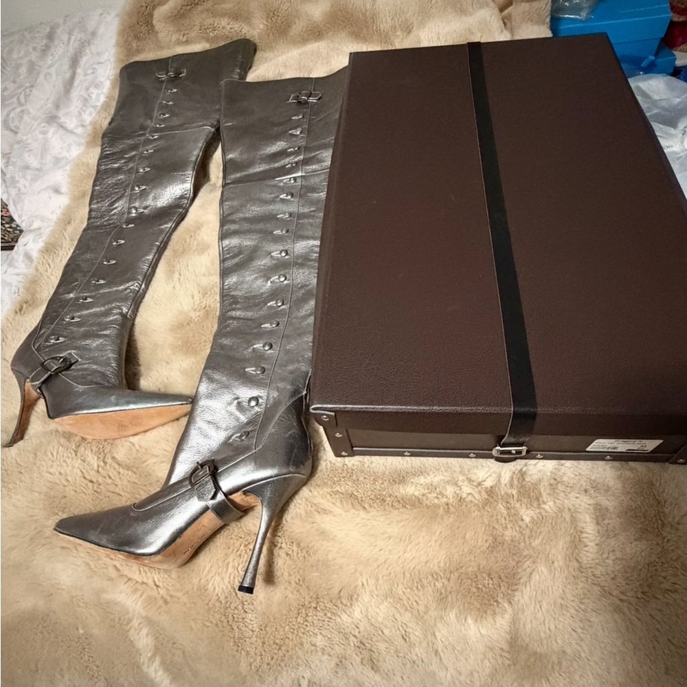 Manolo Blahnik Metallic Gray Silver Over the Knee Boots 40/10